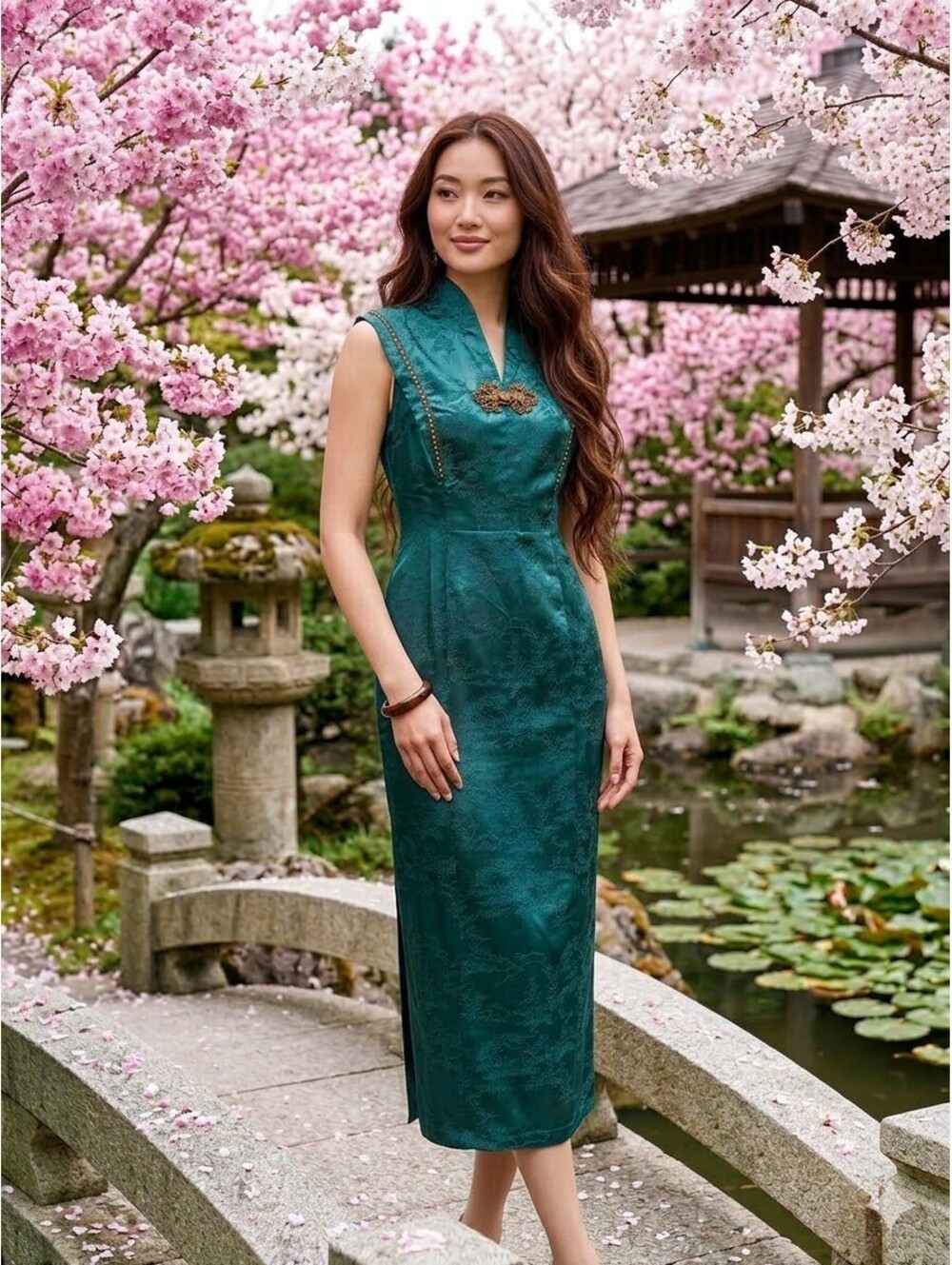 FAERIESTY Green Brocade Midi Dress M Asian Fusion Cheongsam Style Beaded...